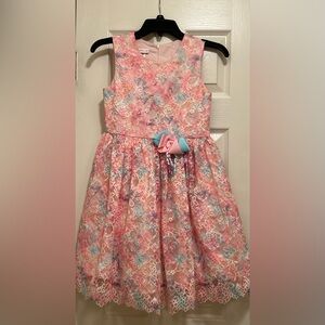 NWOT Bonnie Jean Pink and Blue Rainbow Lace Party Dress with Curly Ribbon